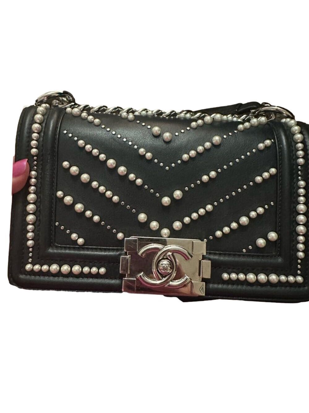 CHANEL Boy Bag Black Chevron with Pearls